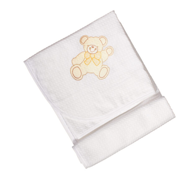 Πικέ Βαμβακερή Κουβέρτα Λευκή με Σχέδιο Αρκούδο Μπεζ