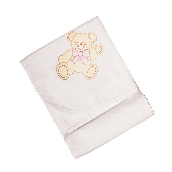 Πικέ Βαμβακερή Κουβέρτα Λευκή με Σχέδιο Αρκούδο Ροζ