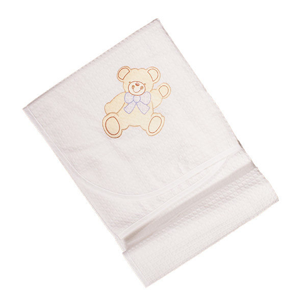 Πικέ Βαμβακερή Κουβέρτα Λευκή με Σχέδιο Αρκούδο Σιελ