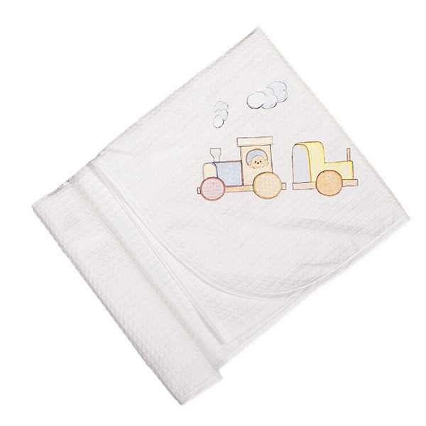 Πικέ Βαμβακερή Κουβέρτα Λευκή με Σχέδιο Τρένακι