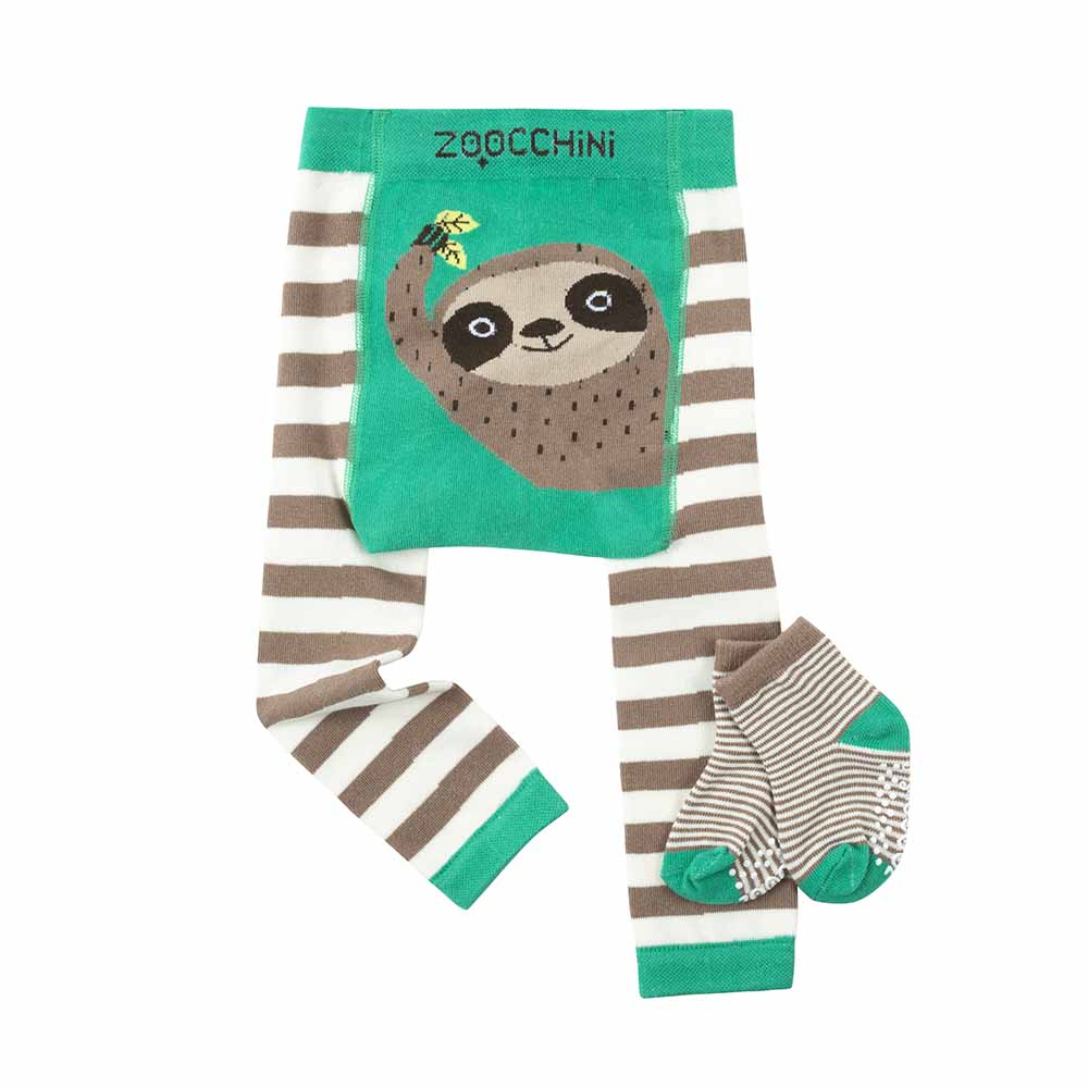 Zoocchini Ρούχα για Μπουσούλημα Grip+Easy Crawler Pants & Socks Set –Silas  the Sloth 6-12m | Mother Baby