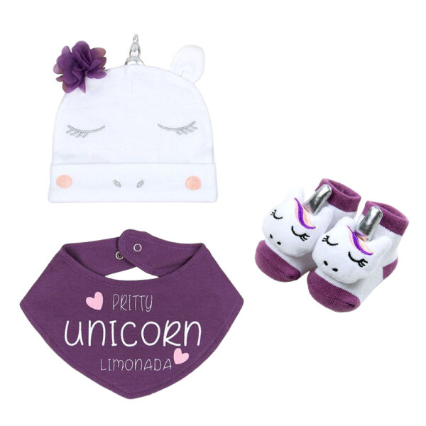 Βρεφικό Σετ Motherbaby Σκουφάκι Σαλιάρα και Καλτσάκια Unicorn Purple 3 τεμ.