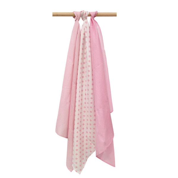 Πάνες Αγκαλιάς Βαμβακερές Λευκό με Ροζ Πουά Ριγέ Σετ 3 τεμ