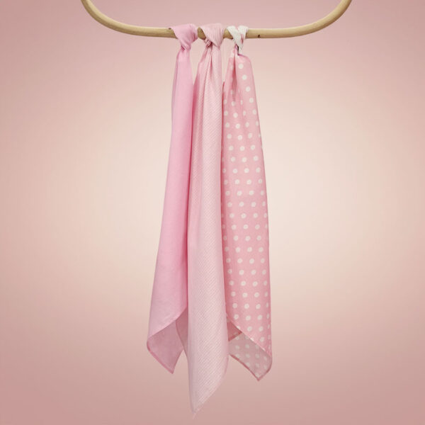 Πάνες Αγκαλιάς Βαμβακερές Ροζ με Λευκό Πουά Ριγέ Σετ 3 τεμ